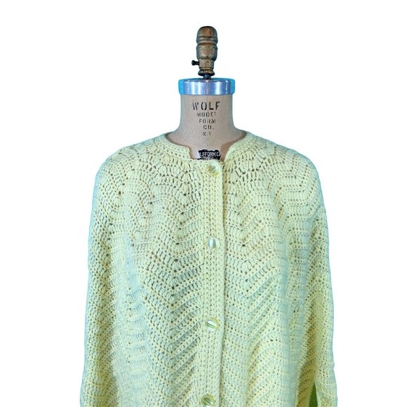 Vintage 1960s Crochet Cape Yellow Chevron Knit Button Down Sweater - Picture 6 of 10